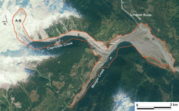 Image of the full path of the Mount Meager landslide, showing the initiation zone (A–B), the two main bends (C and E), the front wall of Meager Creek (F), and the bifurcated flow that moved upstream along Meager Creek and crossed the Lillooet River (G). The image was taken after the breach of the Meager Creek dam, with evident fluvial reshaping and significant incision into the dam itself.Photo: R. H. Guthrie, P. Friele, K. Allstadt, N. Roberts, S. G. Evans, K. B. Delaney, D. Roche, J. J. Clague, M. Jakob, CC BY-SA 3.0 https://creativecommons.org/licenses/by-sa/3.0, via Wikimedia Commons: https://commons.wikimedia.org/wiki/File:2010_Mount_Meager_landslide_aerial.png