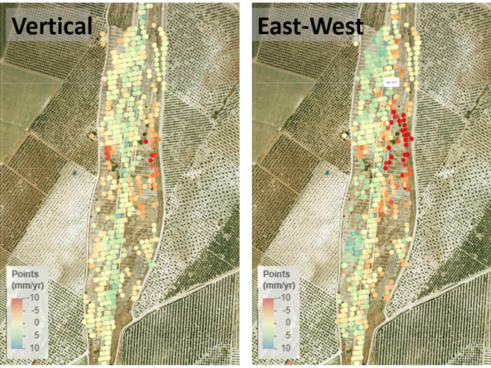 The location of the InSAR point cloud, colored by the mean strain rate over the analyzed period, on the vertical axis and in East-West planimetry.
