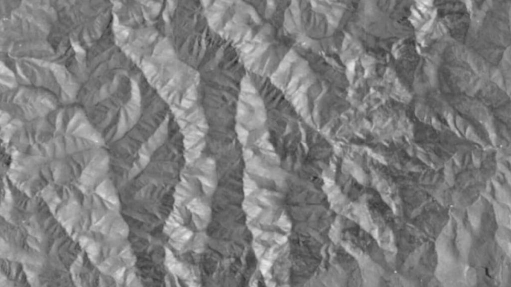 In mountainous areas the effects of geometric distortions are more marked. The image shows mountain valleys between the provinces of La Rioja and Soria (Spain)