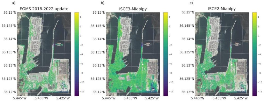 Comparison of spatial coverage in the Port of Algeciras using EGMS data, the proposed workflow, and other PSDS-based workflows.