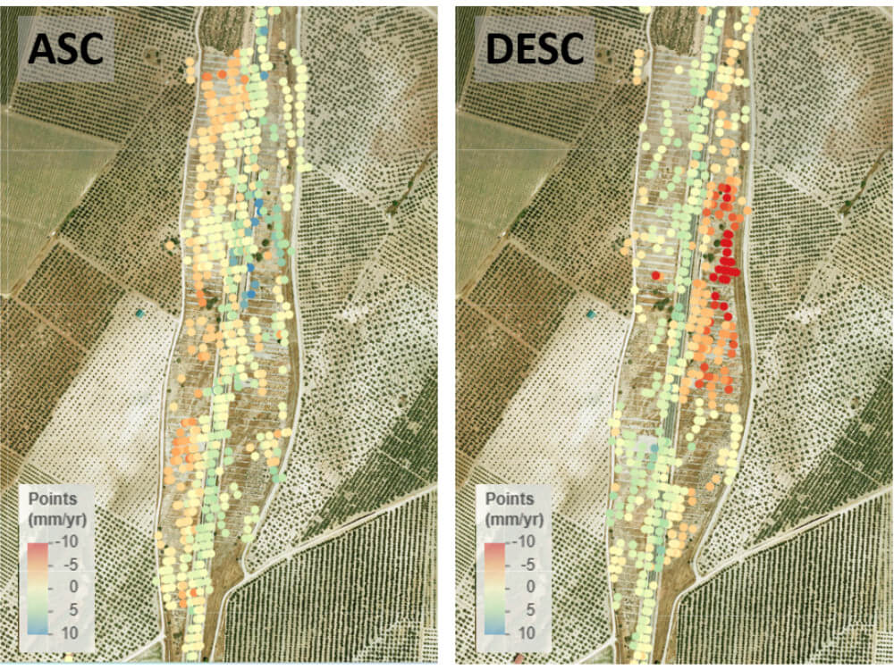 The InSAR point cloud location, colored by the mean strain rate in the satellite's line of sight, shown in upward (left) and downward (right) geometry.