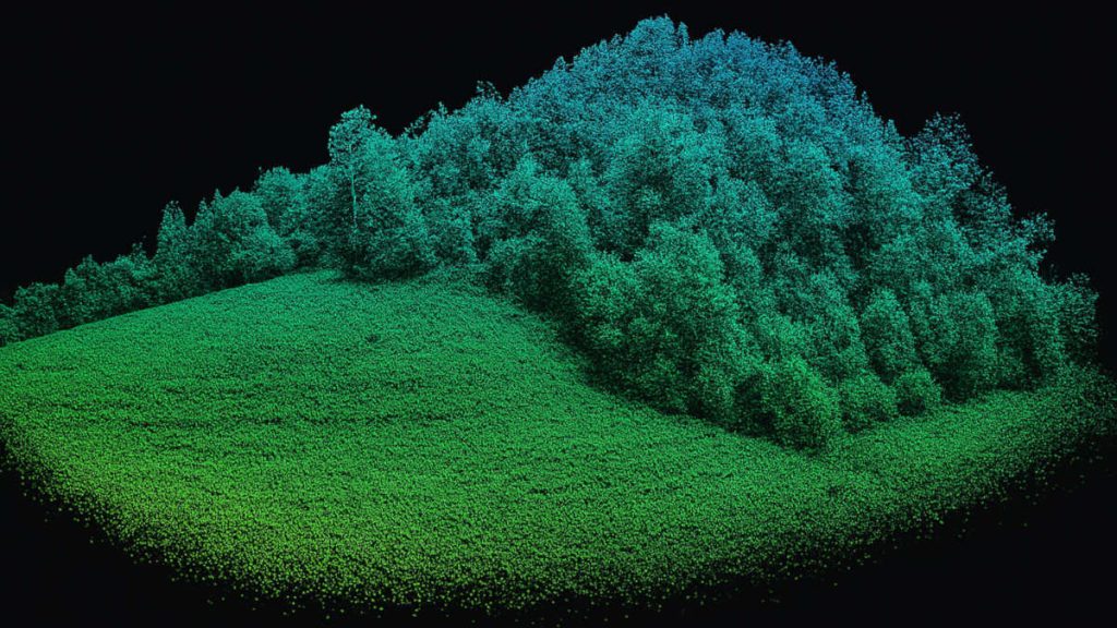 Visualización tridimensional de una nube de puntos LiDAR que representa un paisaje natural con detalle milimétrico.